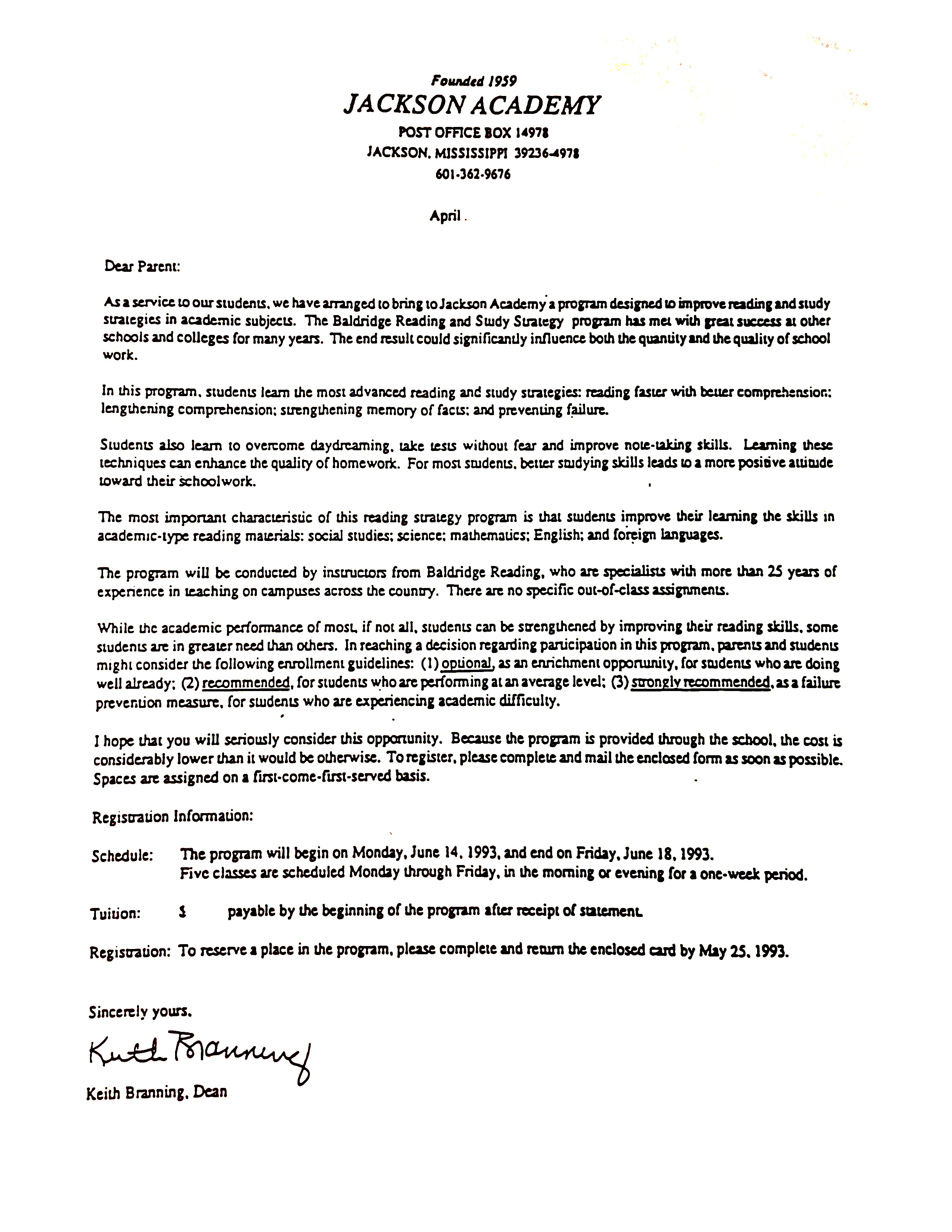 Letter from Jackson Academy Dean