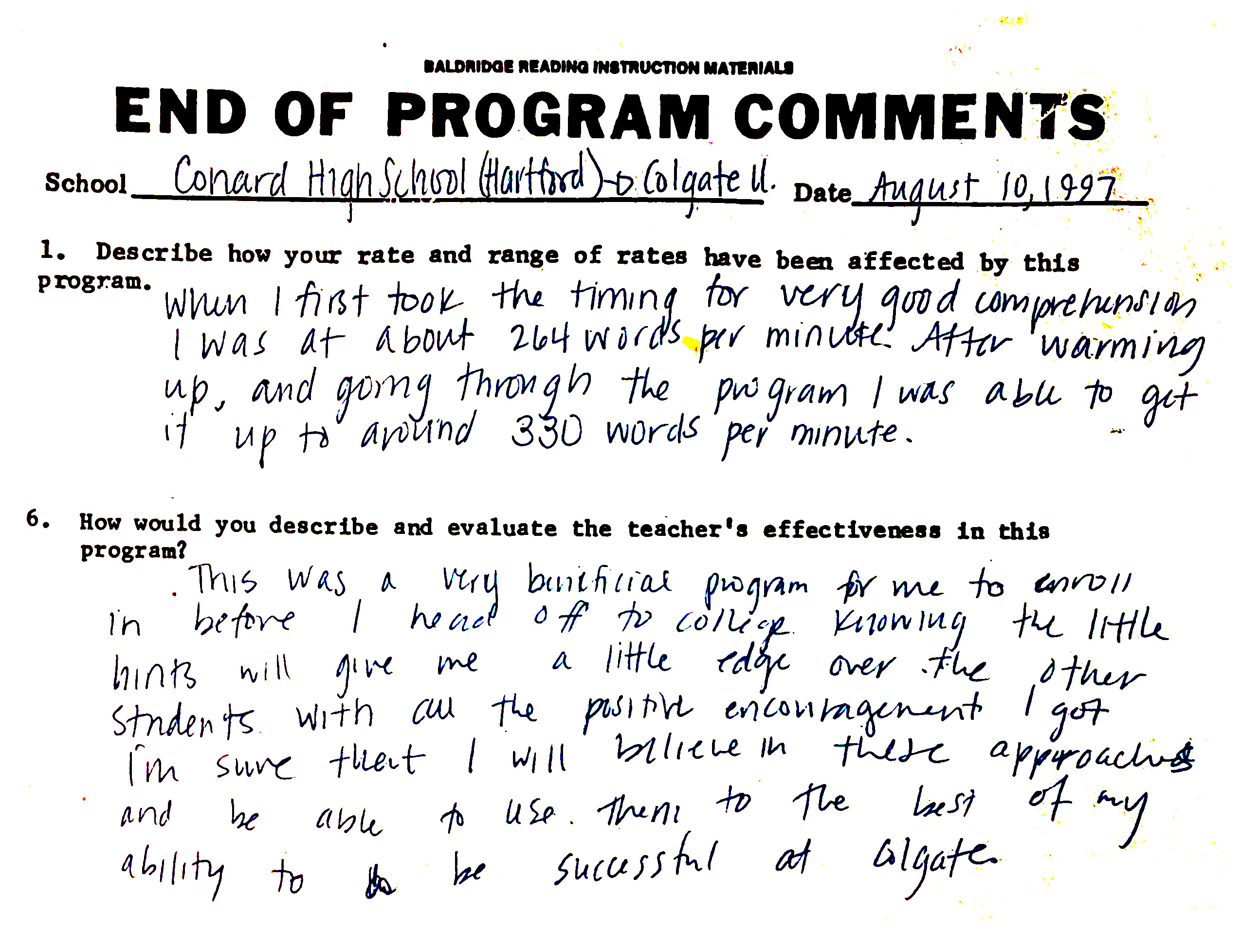 Student comment from Conrad High to Colgate U