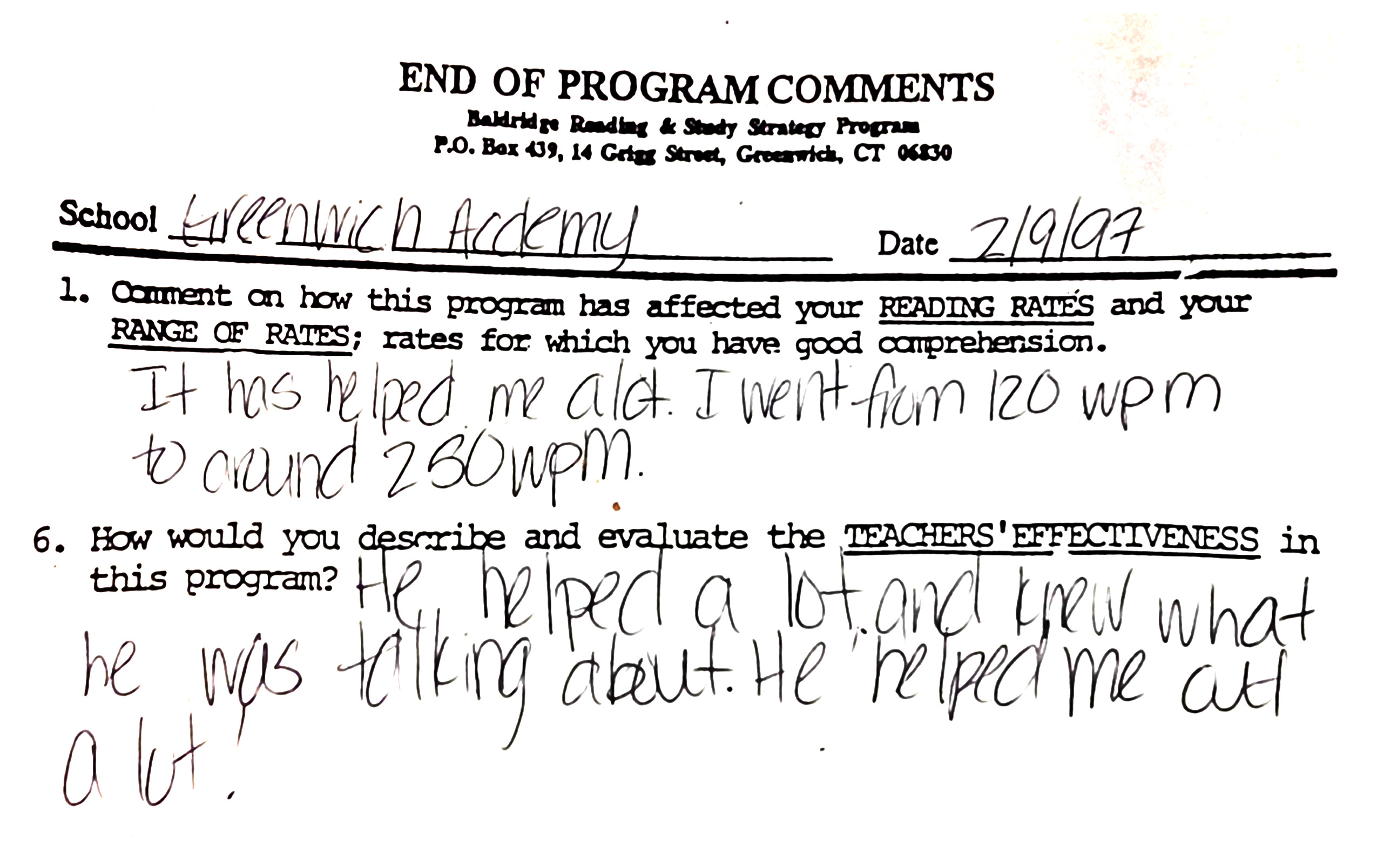 Student comment from Greenwich Academy