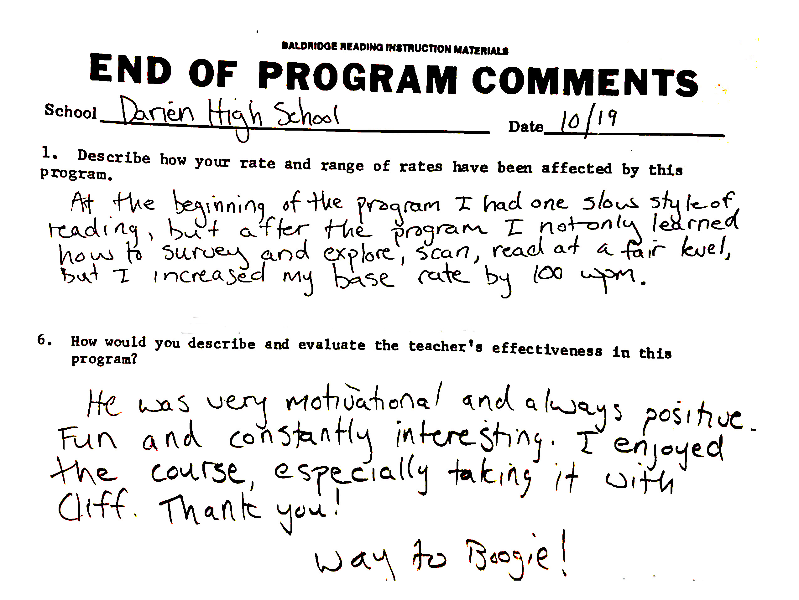 Student comment from Darien High School