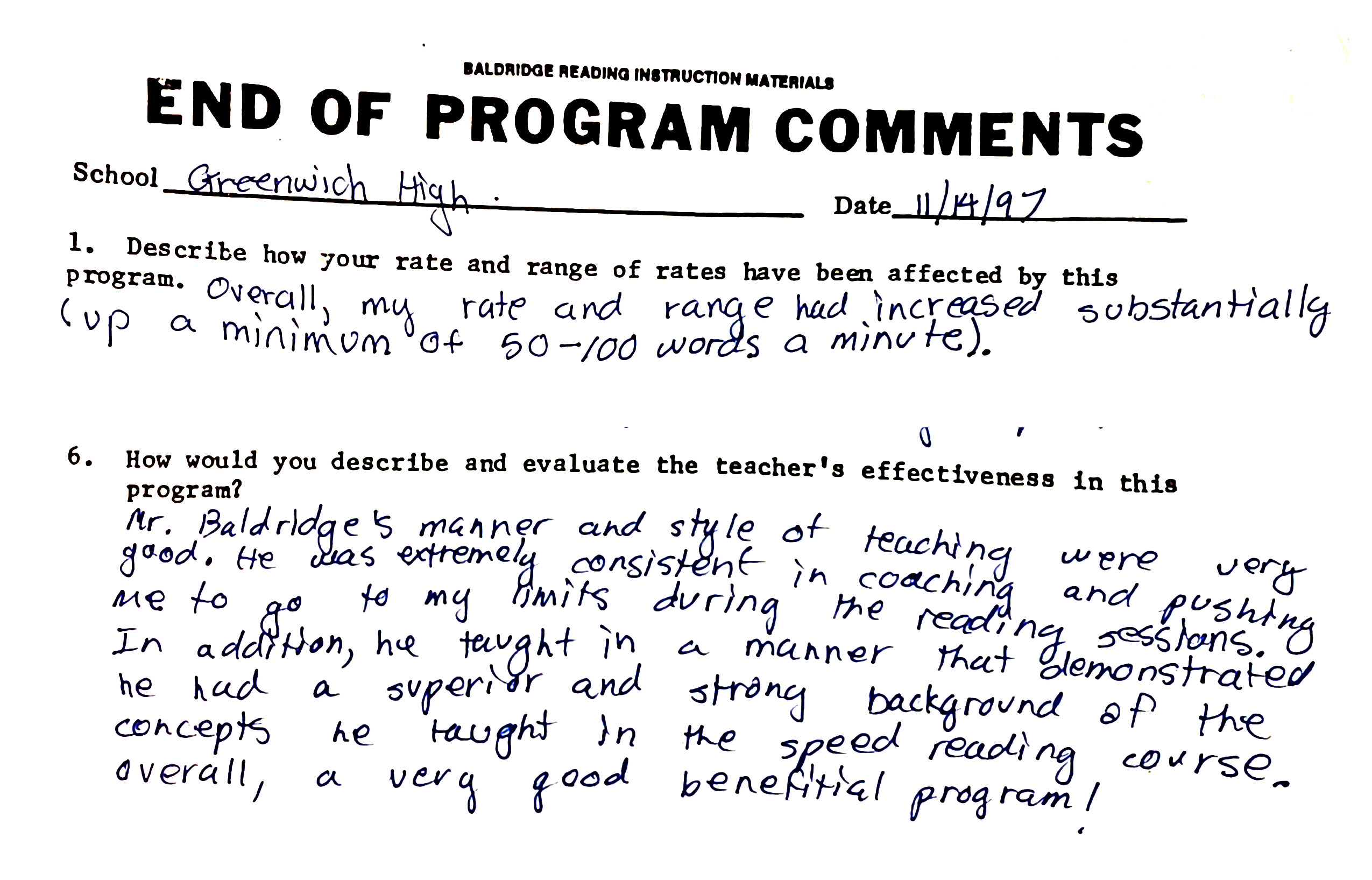 Student comment from Greenwich High