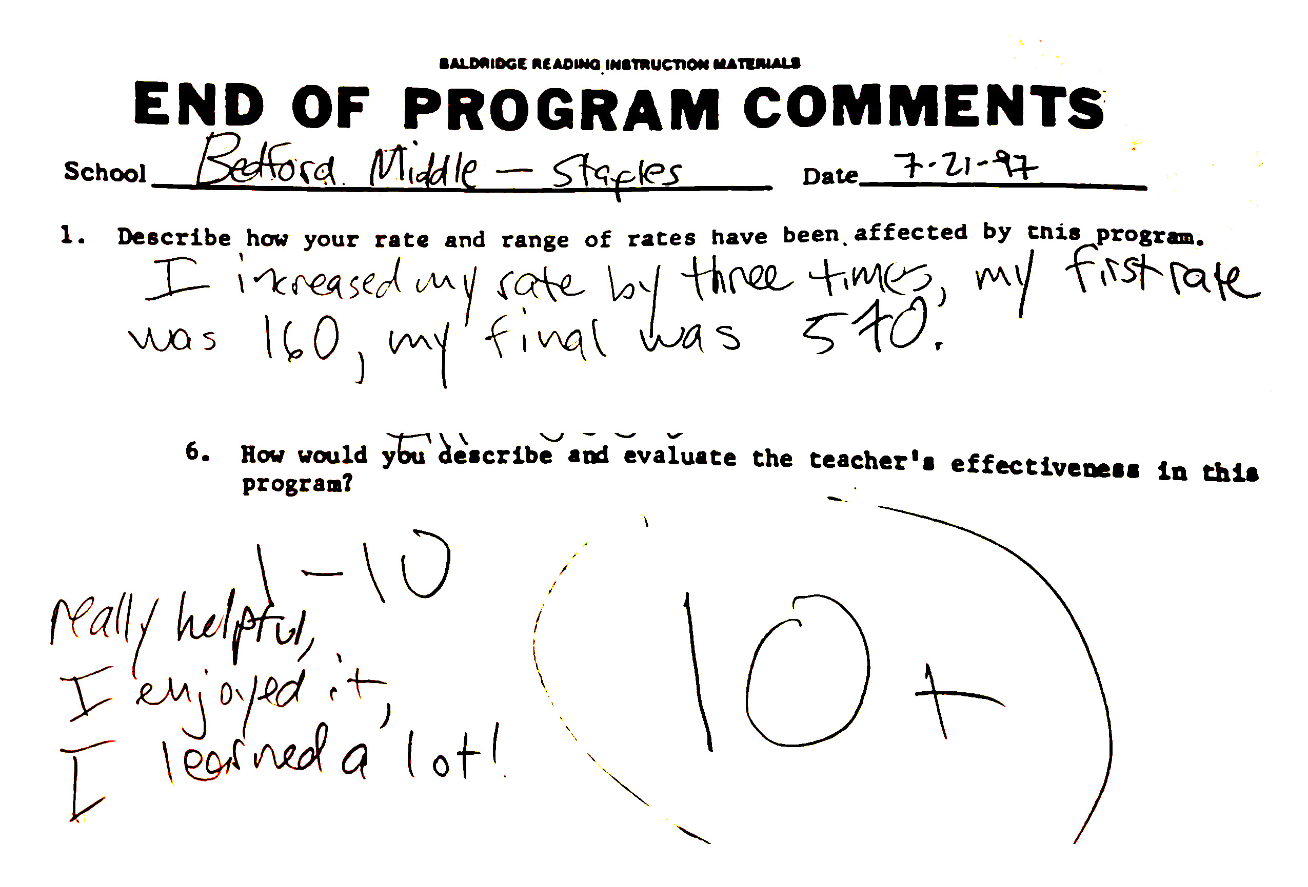 Student comment from Bedford Middle - Staples