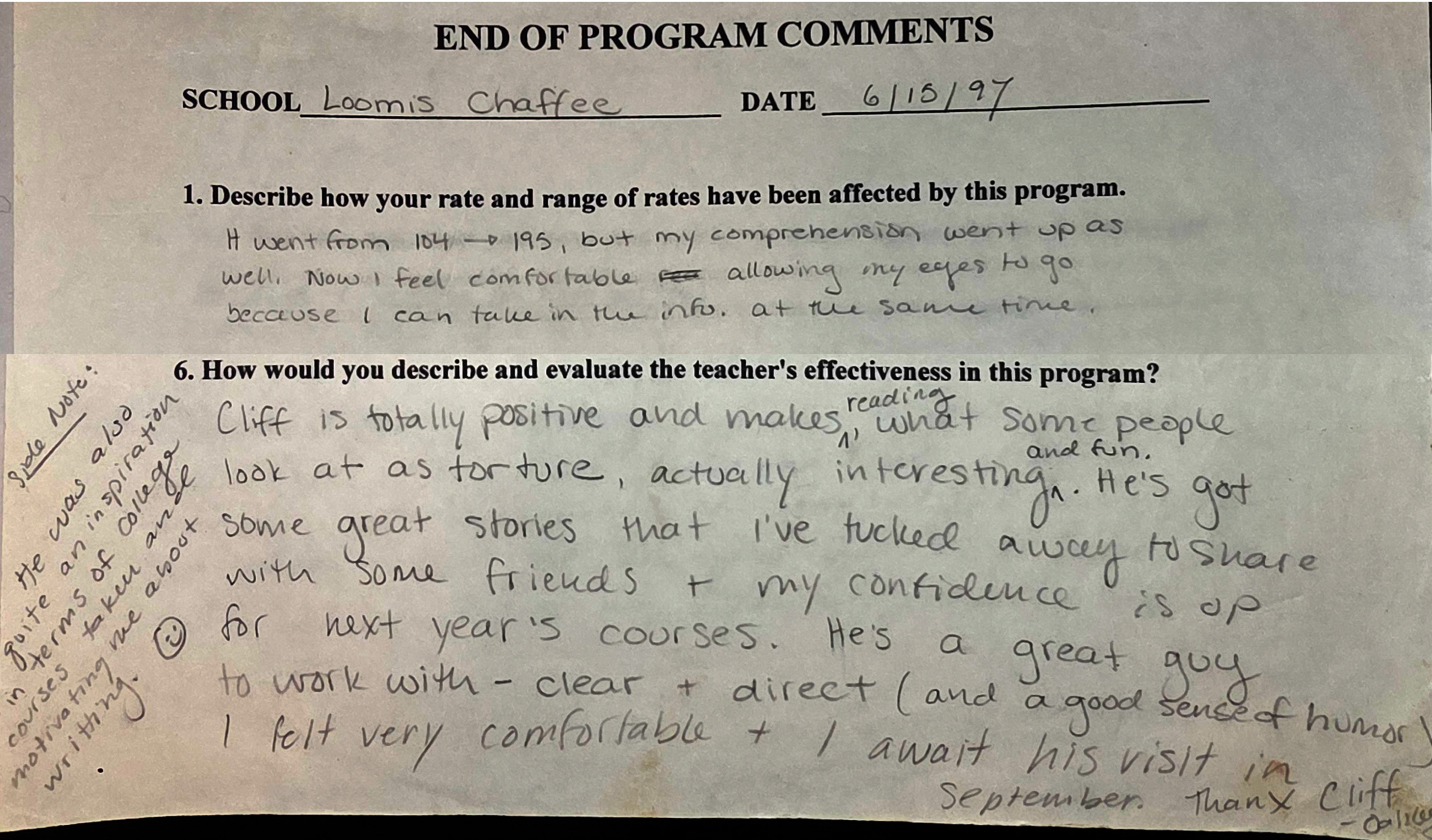 Student comment from Loomis Chaffee