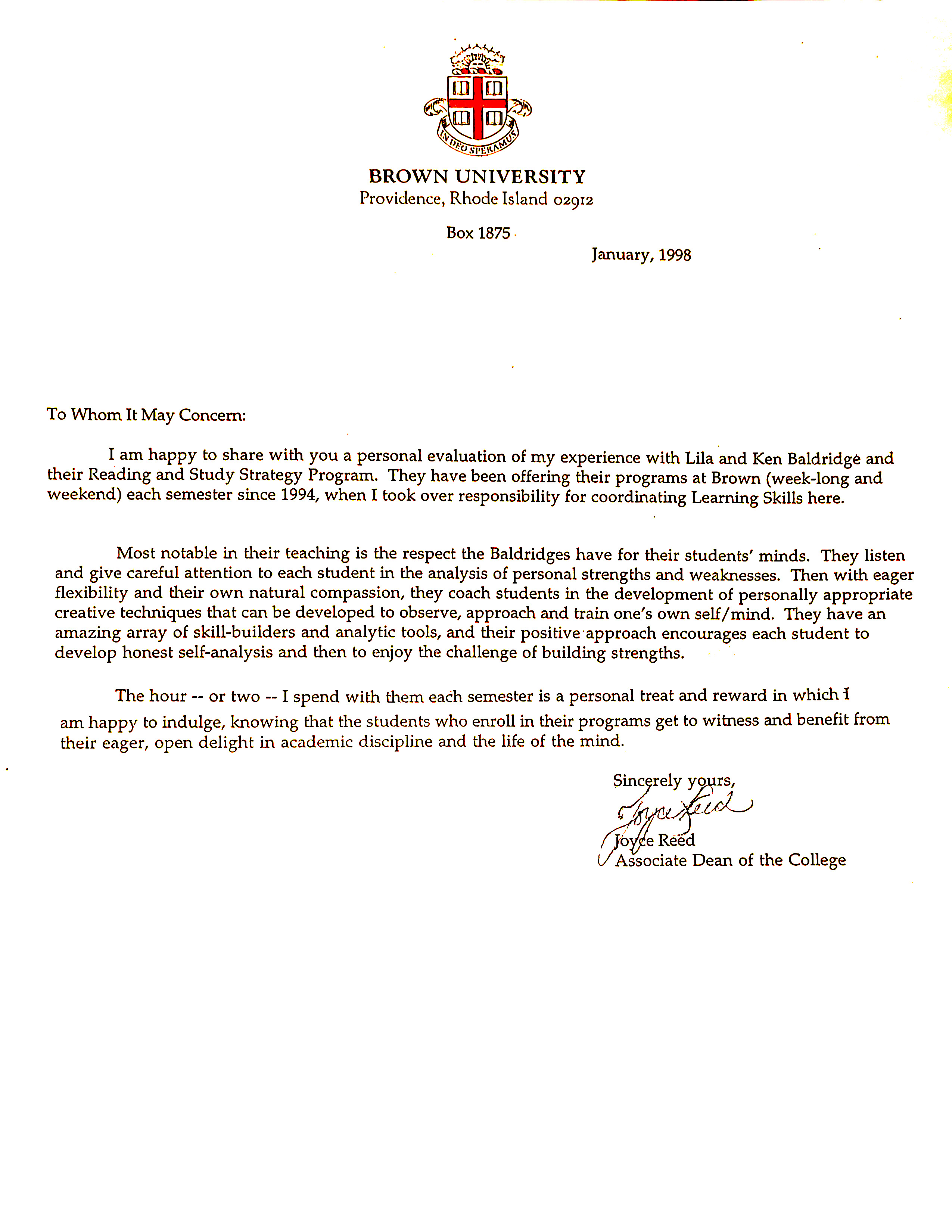 Letter from Brown University Dean