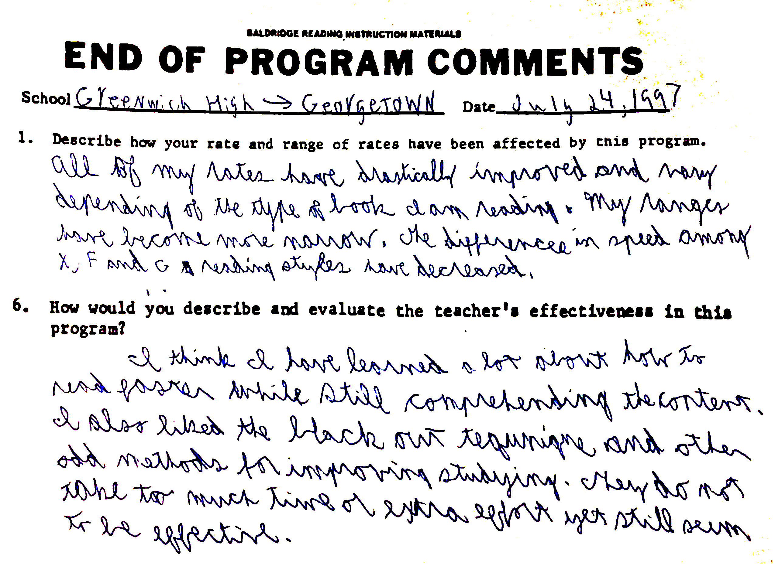 Student comment from Greenwich High → Georgetown