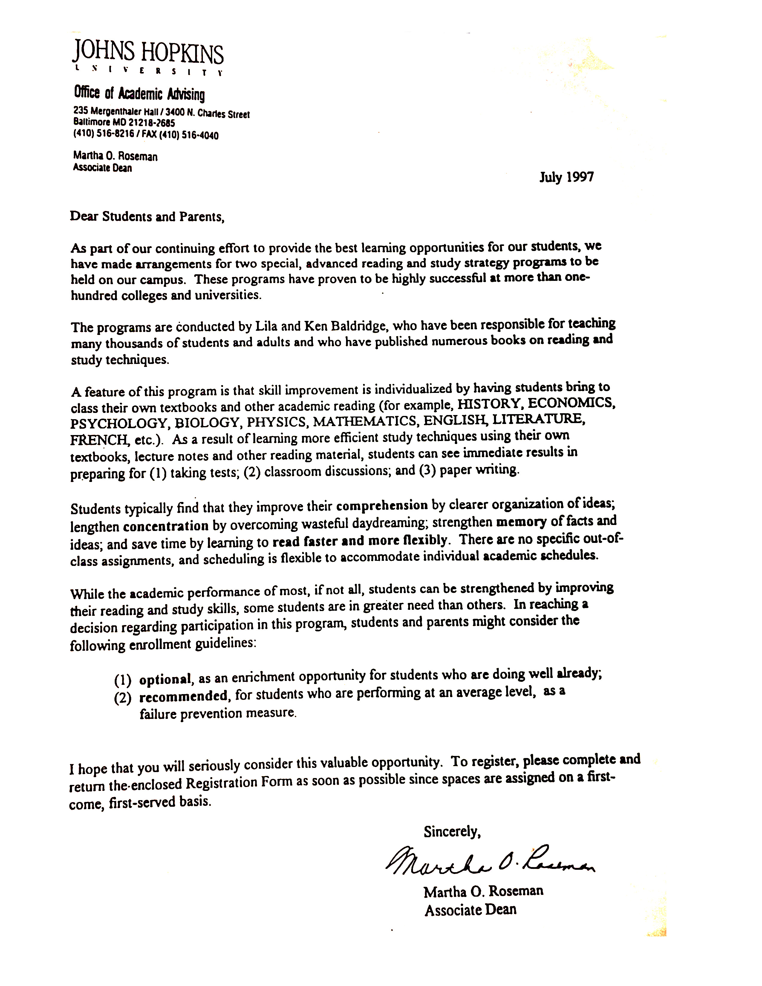 Letter from Johns Hopkins University Dean