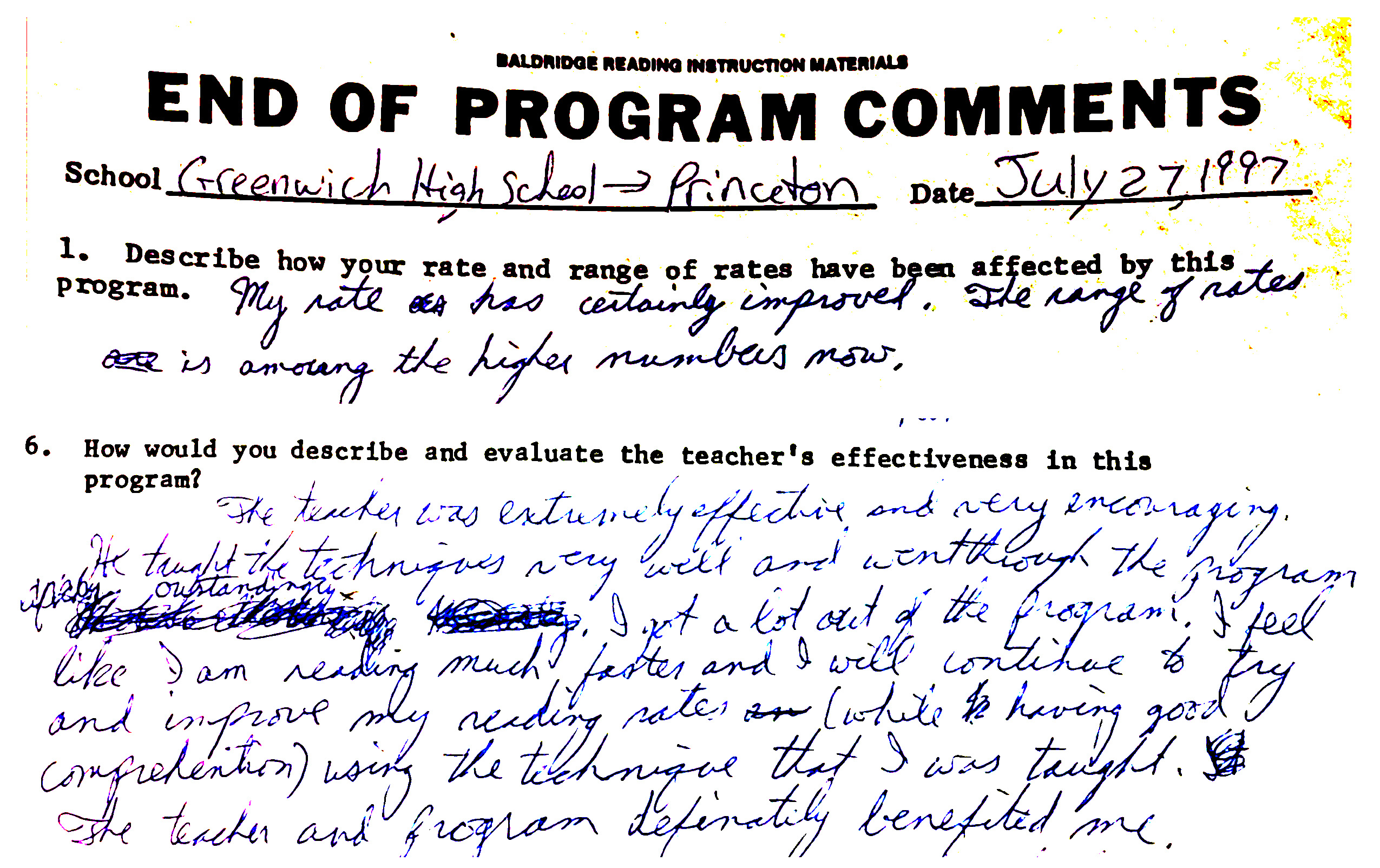 Student comment from Greenwich High to Princeton