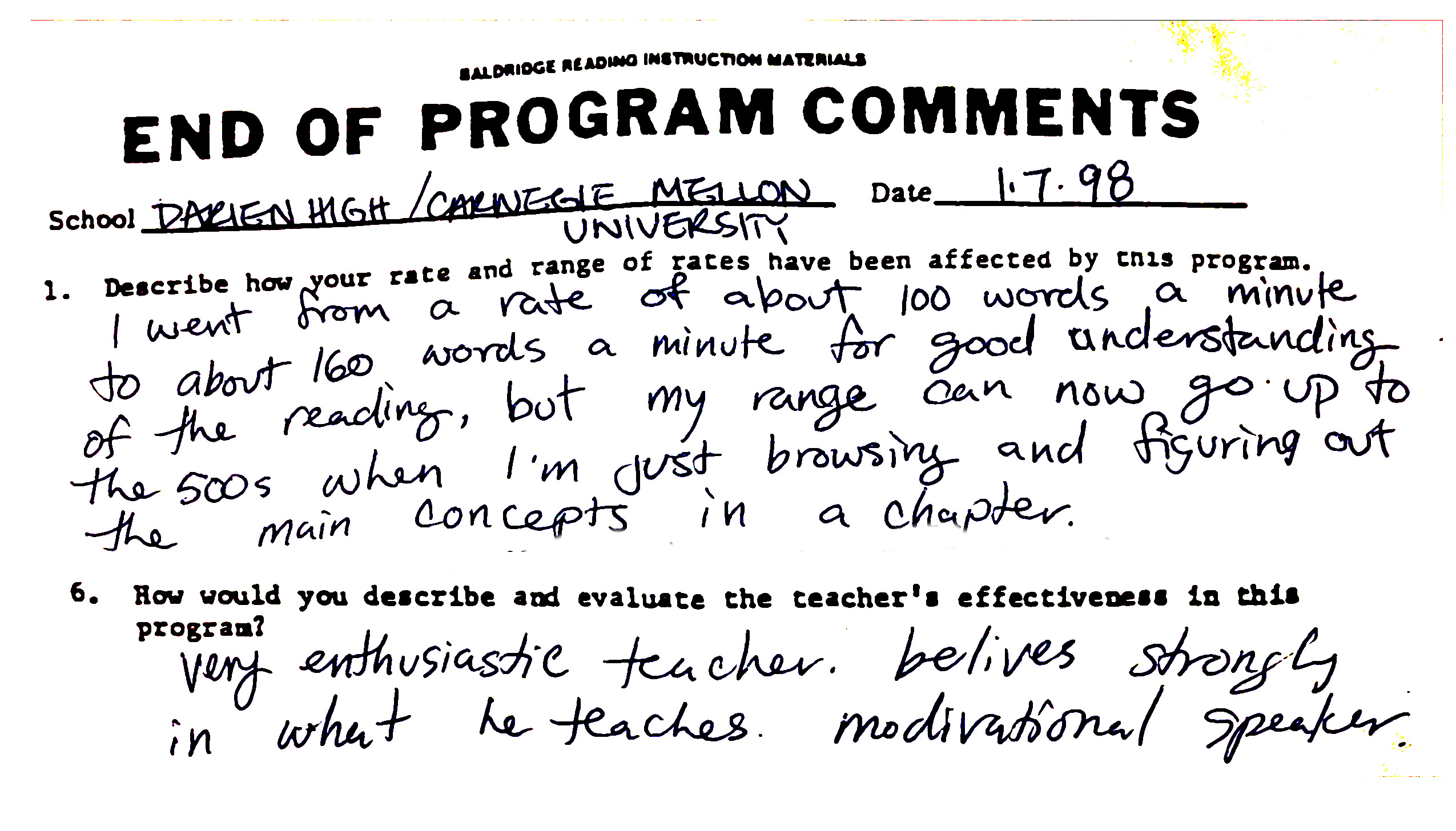 Student comment from Darien High / Carnegie Mellon