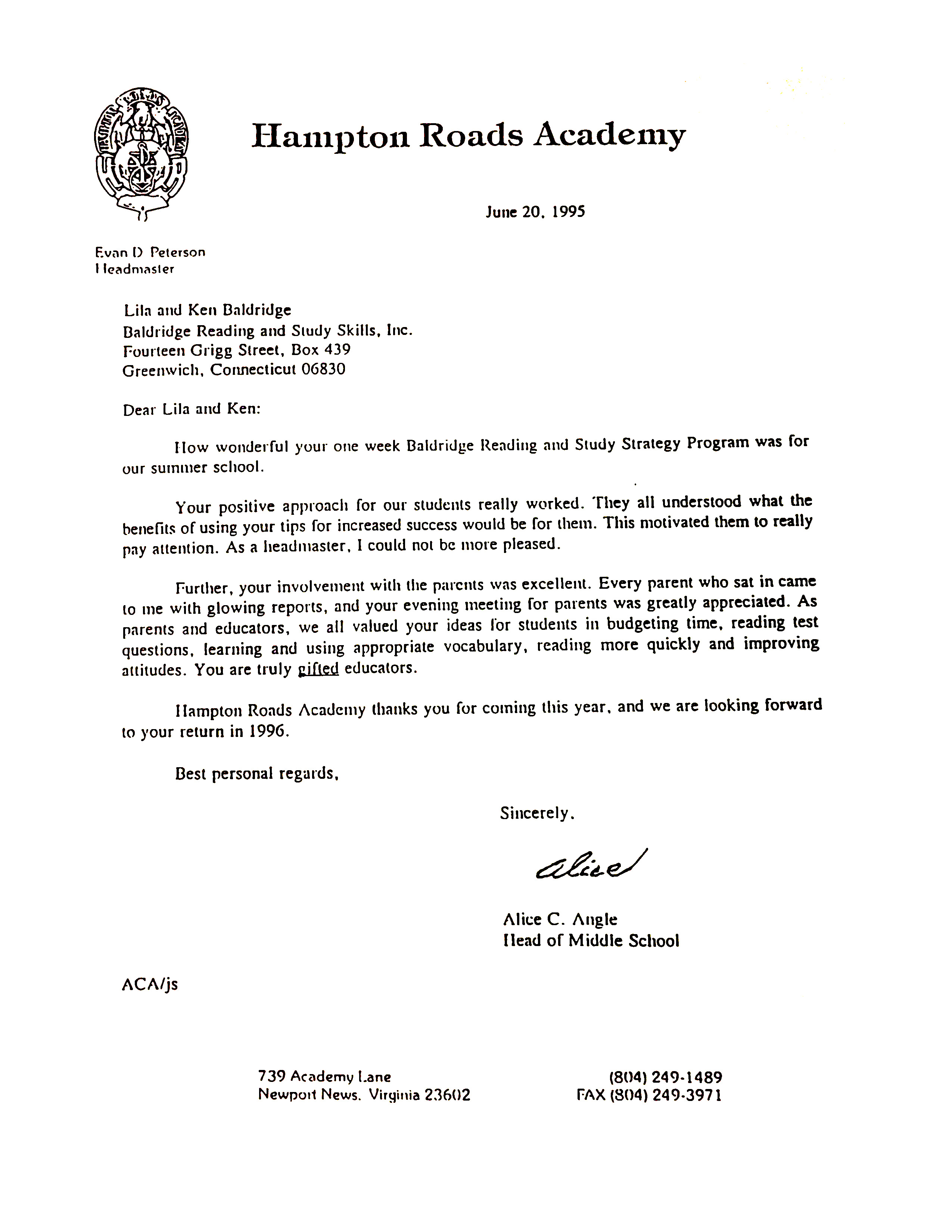 Letter from Hampton Roads Academy Dean