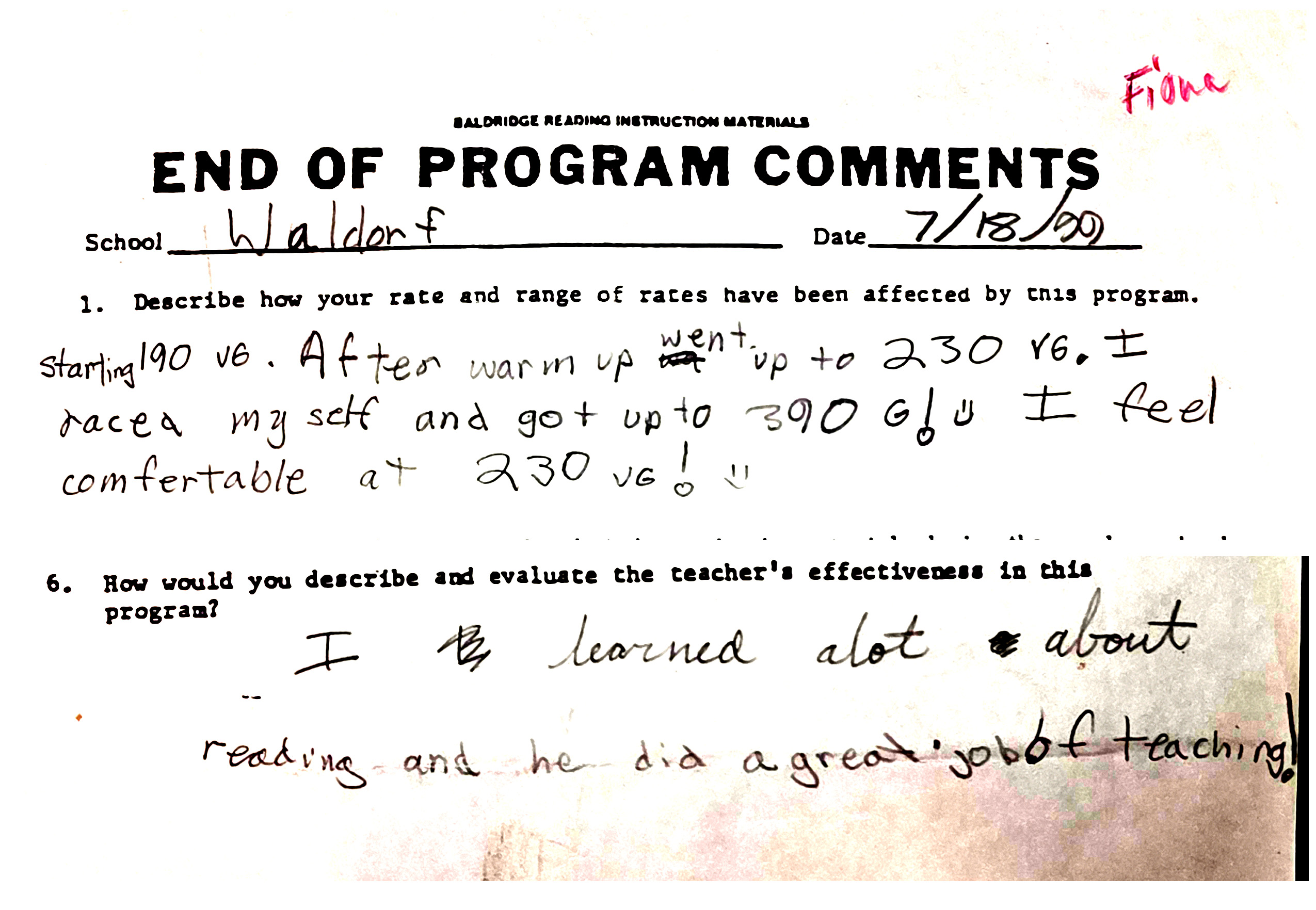 Student comment from Waldorf School