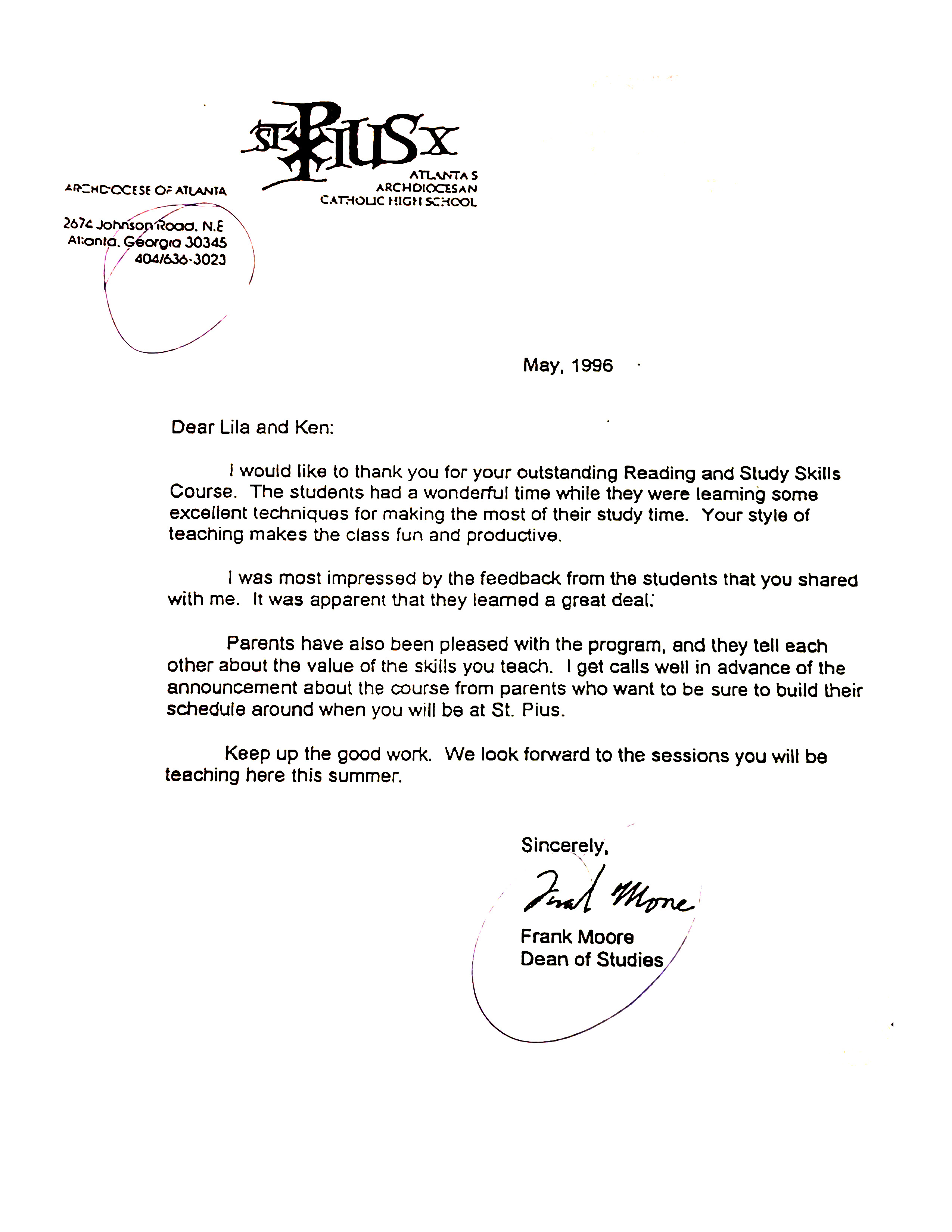 Letter from St. Pius X Dean