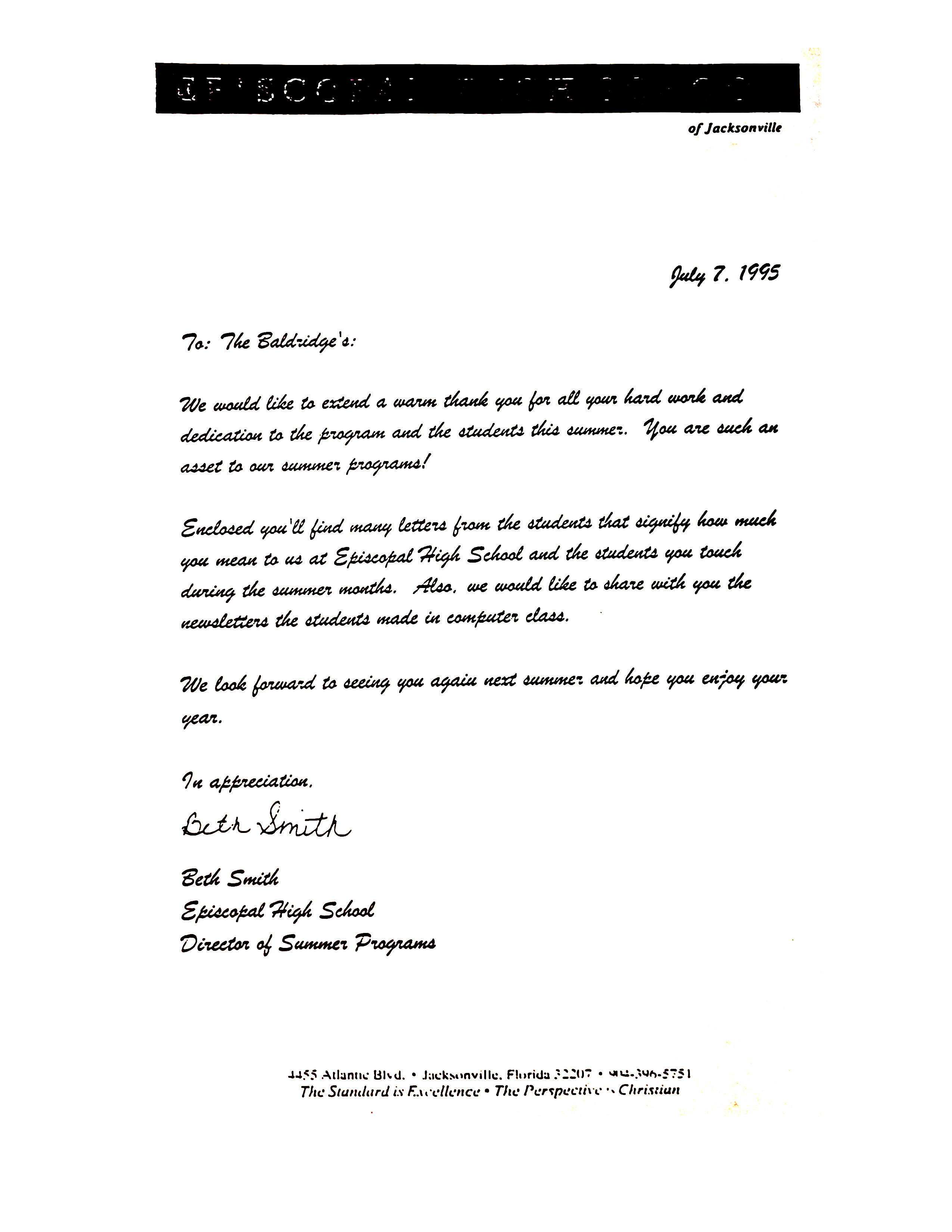 Letter from Episcopal High School Director